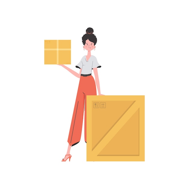 A woman stands and holds a parcel Delivery concept Isolated Flat modern design Vector