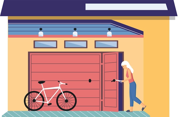 Vector woman stands near garage with opening door and bicycle storage space for bike room for transport