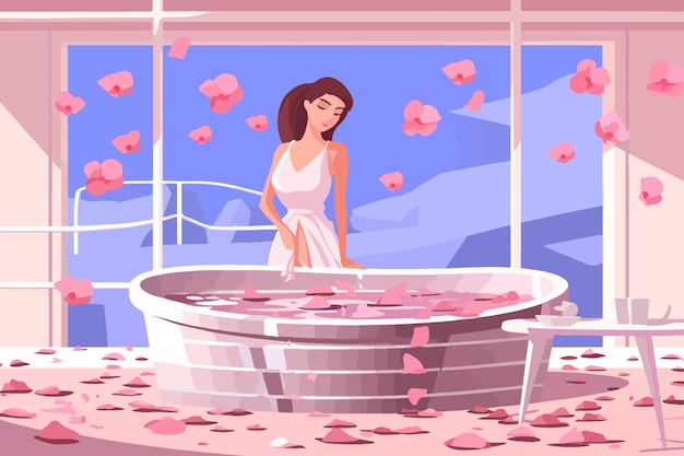 Woman stands near hot tub filled with flower petals getting ready for aromatic SPA treatment with rejuvenating effect Happy girl in bathrobe visits SPA salon with mini pool of water