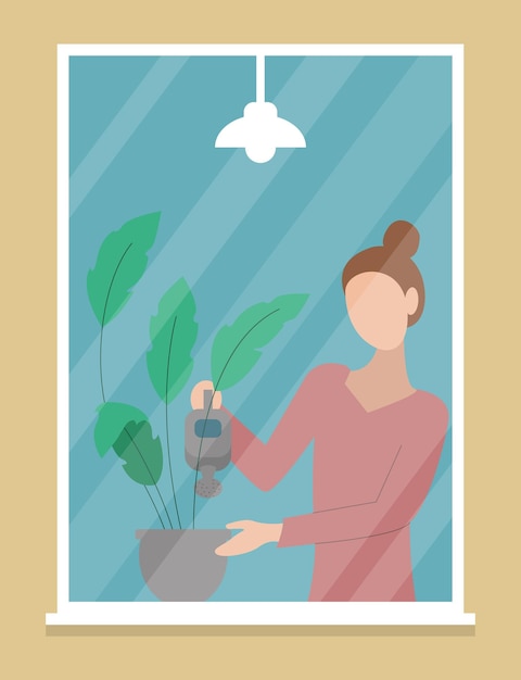 Вектор Женщина стоит у окна и поливает комнатное растение. вид снаружи дома