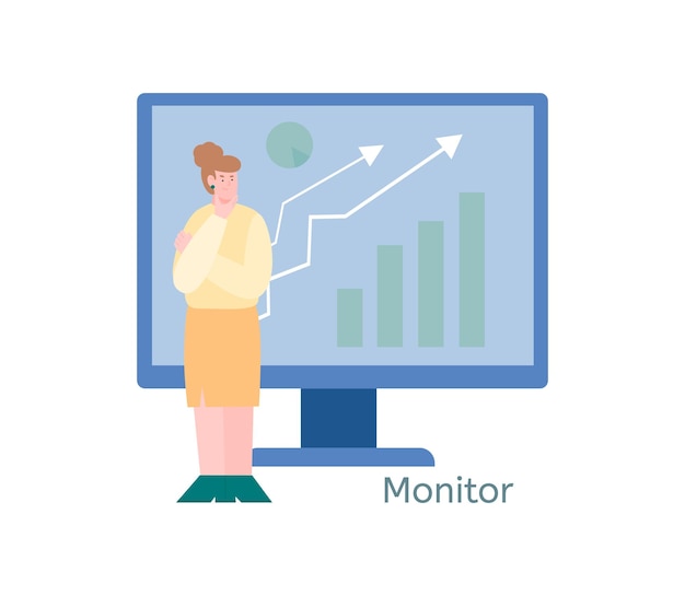 Женщина стоит рядом с огромным компьютерным монитором, изолированным на векторной иллюстрации