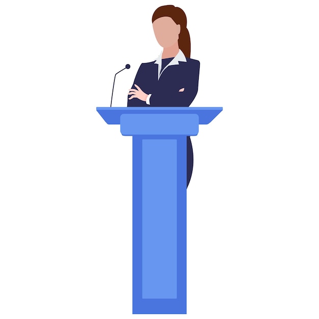 A woman stands behind a podium with a microphone.