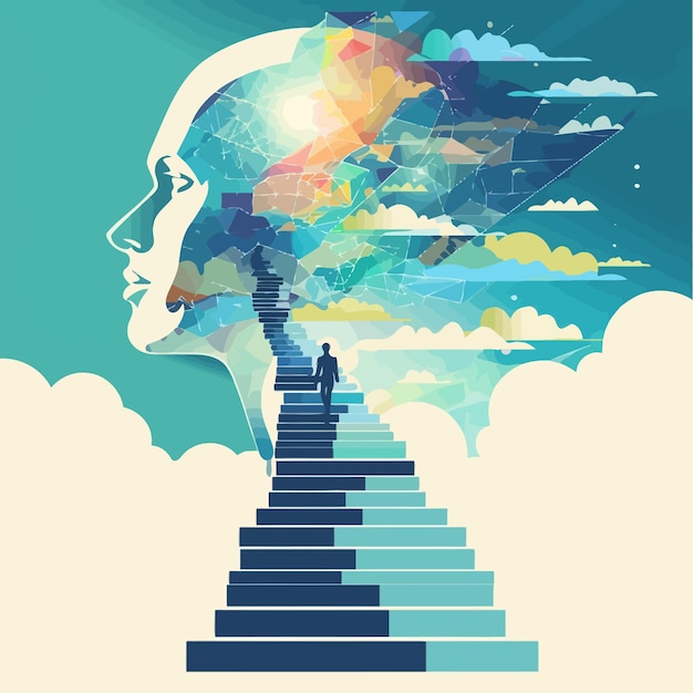 a woman stands on a staircase and looks up at a cloud with a man standing in the background