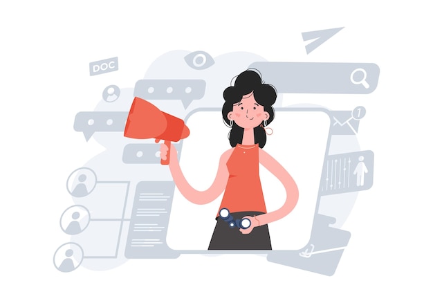 A woman stands waistdeep holding a loudspeaker and binoculars HR concept Element for presentations sites