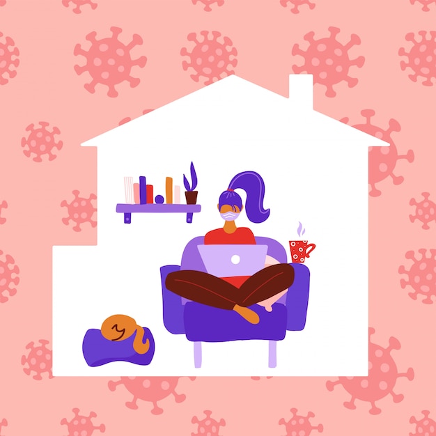 Vector woman stay at home working to avoid coronavirus danger. self quarantine concept. female person inside house silhouette. girl sitting in a chair and working on a laptop.  flat illustration.