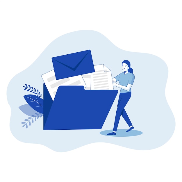 Vector woman storing files in a folder vector illustration