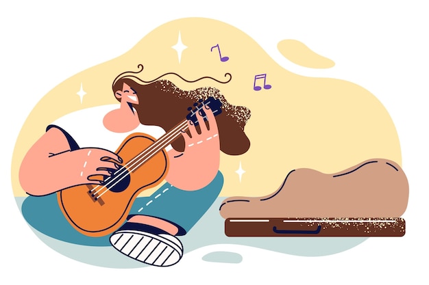 Vector woman street musician sings sits on ground and plays guitar to give good mood others