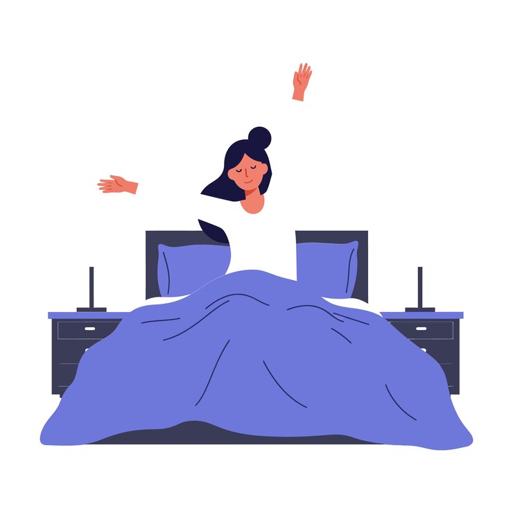 파란색 담요 를 착용 한 여자 가 침대 에 어 있는 것
