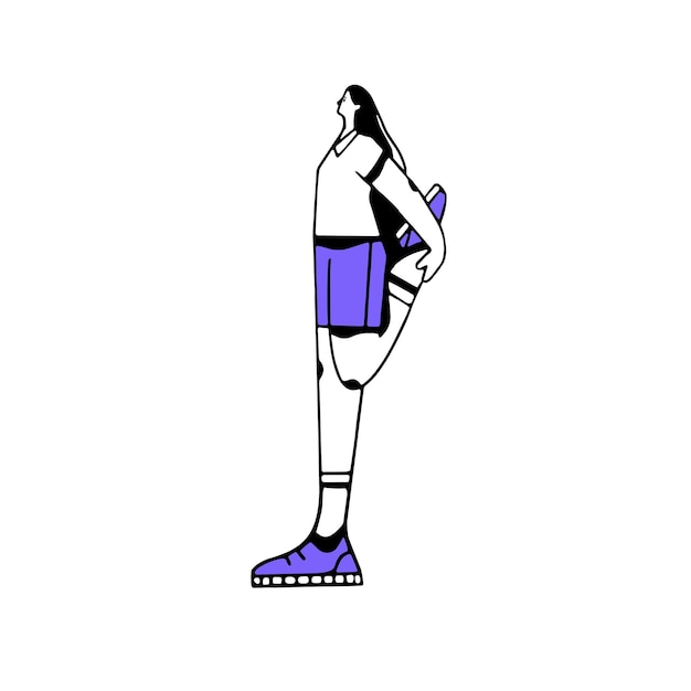 Женщина растягивает ногу, делая физические упражнения Человек во время разминки тела или восстановления после тренировки по фитнесу и аэробике Женщина в гимнастике Плоская векторная иллюстрация на белом фоне