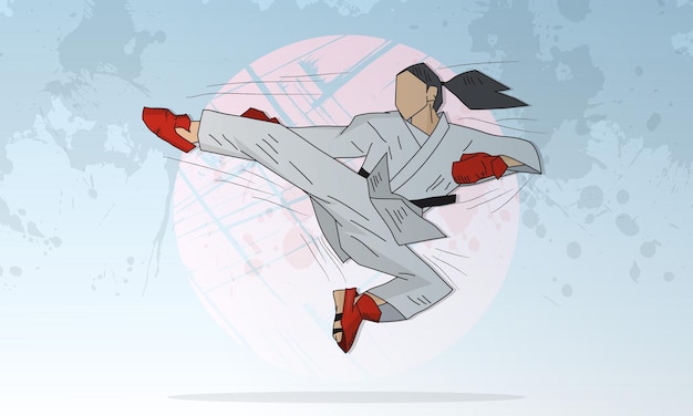 Vector woman strikes in flight woman in karate