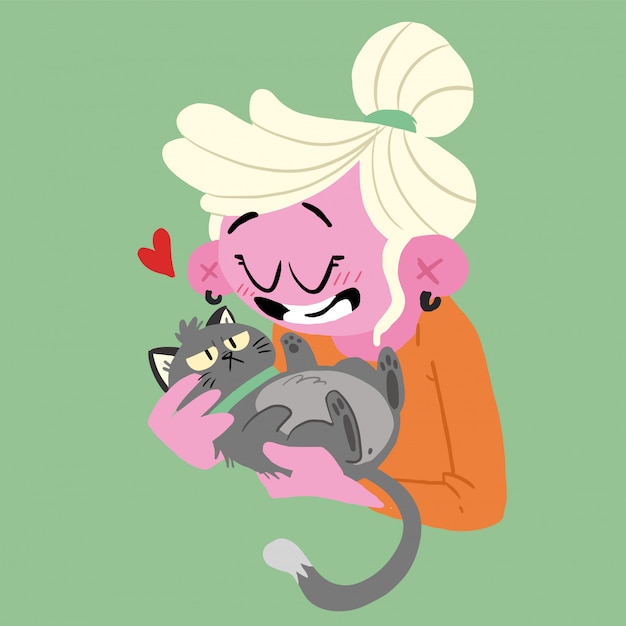 Vector woman stroking a cat