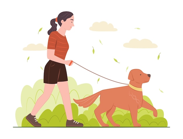 アウトドアライフスタイルのコンセプトイラストのために公園で犬と散歩する女性