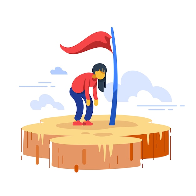 Vector woman stuck in progress, loss of motivation, self growth, never give up, high goals achiever, perfectionist anxiety, imposter complex, way to success, excessive hope, flat illustration