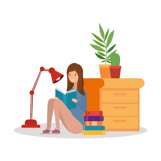 Vector woman student reading book character