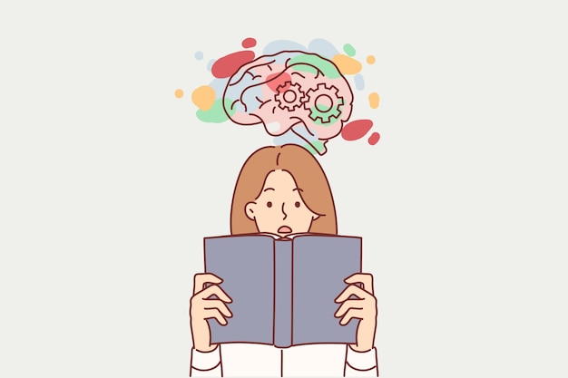 ベクトル 女子学生は本を読んで知性を発達させ、新しい知識を得ることで喜びと感情の高まりを感じます歯車とカラフルな斑点のある脳パターンに近い本を持って驚く女の子
