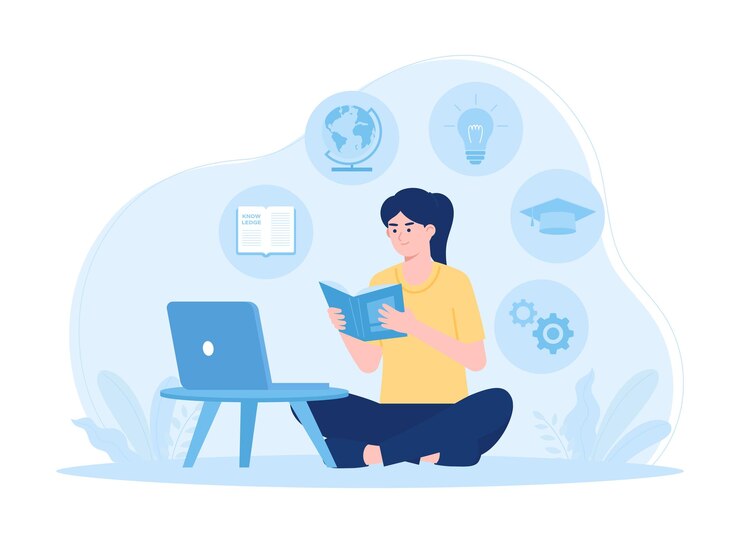 Vector a woman studies using books and a laptop trending concept flat illustration