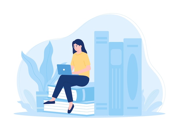 A woman studies using books and a laptop trending concept flat illustration