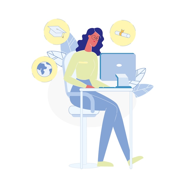 Vector woman studying at home flat vector illustration