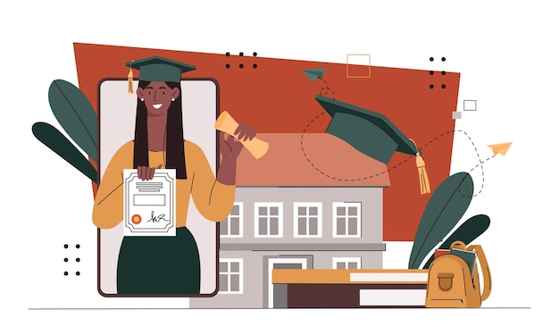 Vector woman studying remotely concept girl in graduation cap with certificate and diploma education