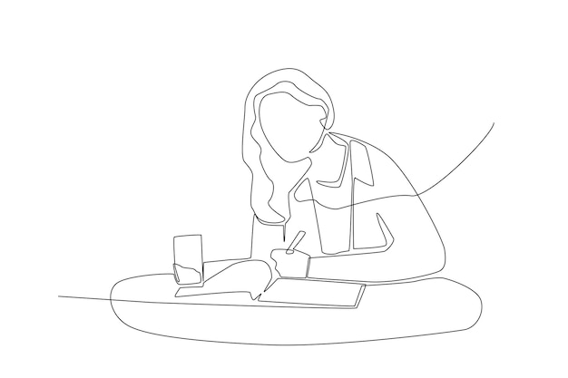 Vector a woman studying with books on his desk line art