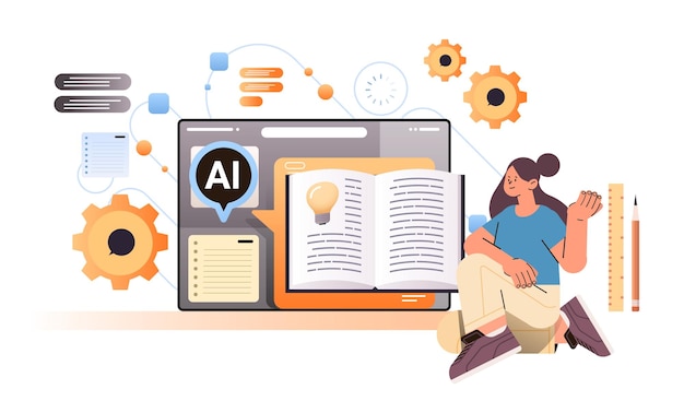 woman studying and writing down new ideas investigations in computer app with ai helper bot creative writing tool concept horizontal vector illustration