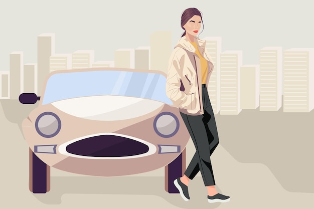 Vector woman in a stylish jacket near a retro car the concept of moving tourism and travel