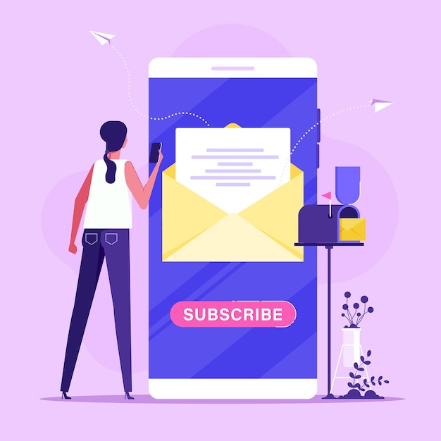 Woman subscribing to newsletter from phone newsletter service subscription email subscribe