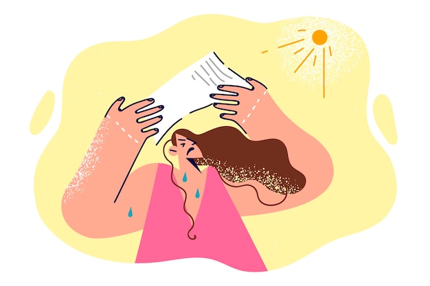 Vector woman suffering from heatstroke tries to hide from summer sun by holding sheet of paper over head