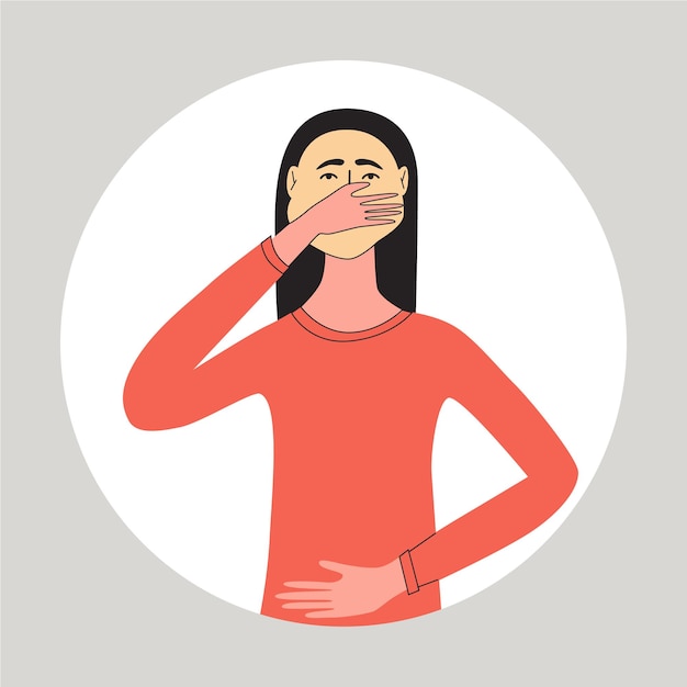 Vector woman suffering from nausea or vomiting poisoninggastric poor digestion flat vector medical illustration