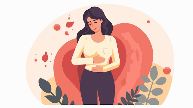 Vector woman suffering from stomach problems flat ui design