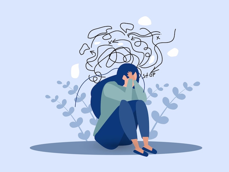 Vector woman suffers from obsessive thoughts headache unresolved issues psychological trauma depressionmental stress panic mind disorder illustration flat vector illustration
