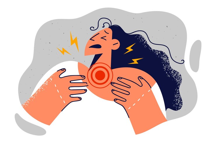 Vector woman suffers from sore throat marked with red dot after contracting viral infection or disease