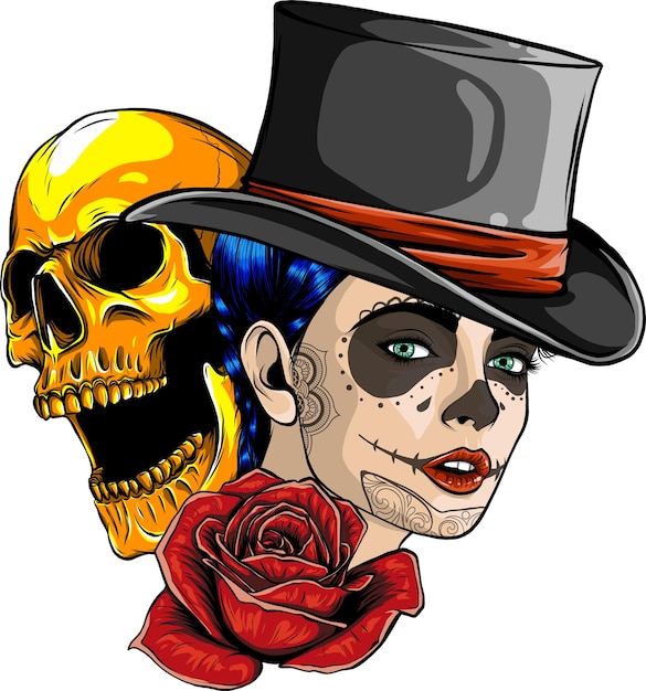 woman sugar skull with hat and rose vector illustration design