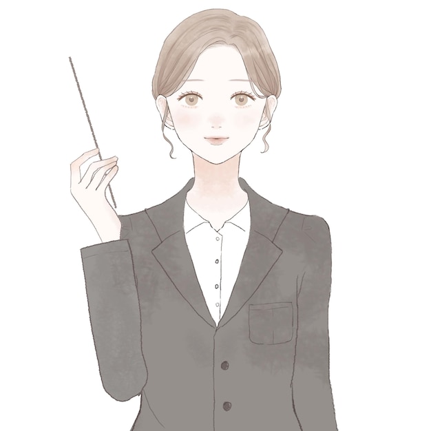 Woman in suit explaining while holding instruction stick. On white background.
