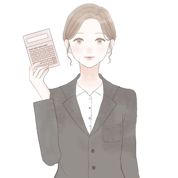 Woman in suit holding calculator. On white background.