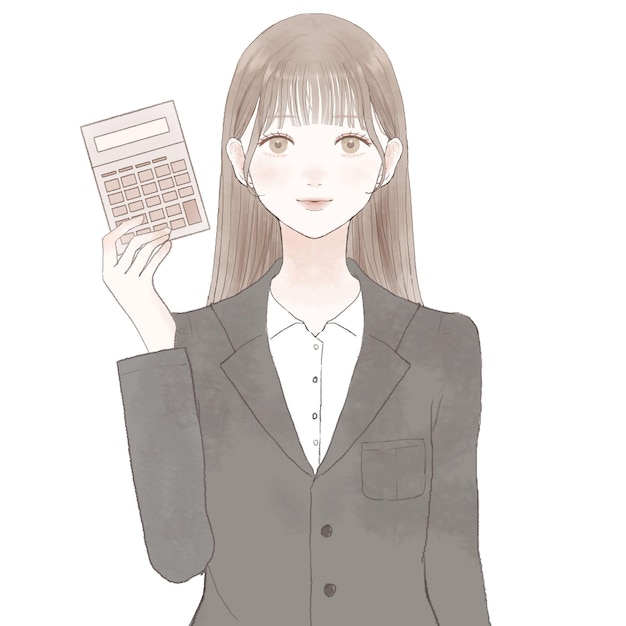 Vector woman in suit holding calculator. on white background.