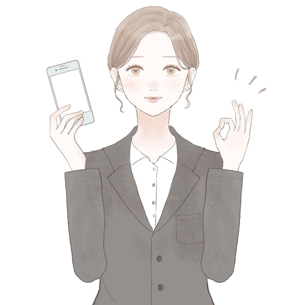 スマートフォンを持ってOKサインを持っているスーツを着た女性。白い背景に。