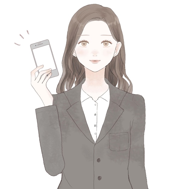 Woman in suit holding smartphone. On white background.