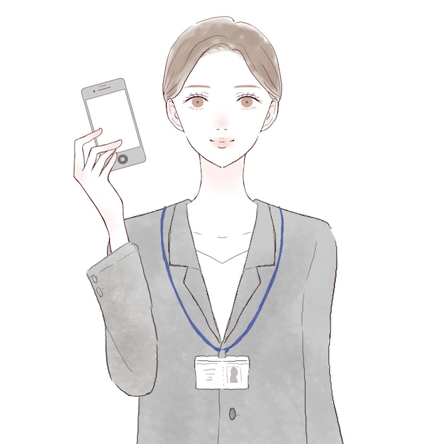 Woman in suit holding smartphone. On white background.