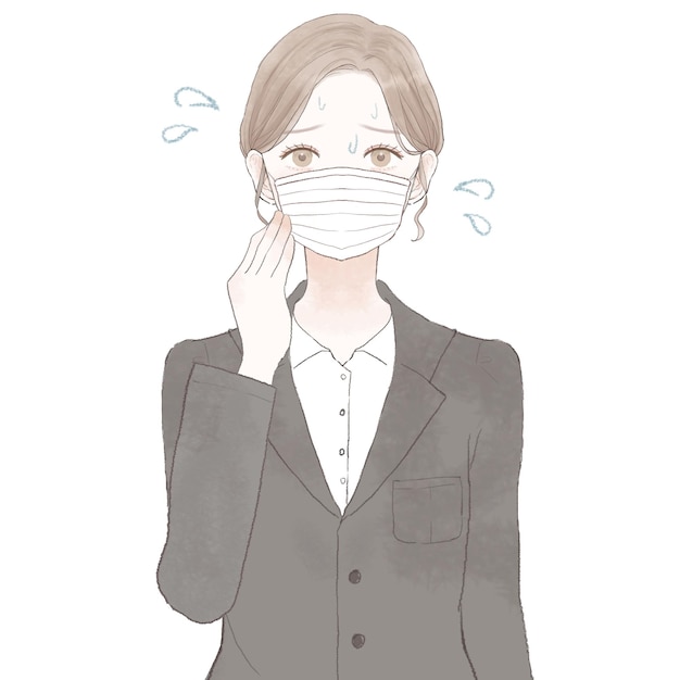 A woman in a suit suffering from steaming due to wearing a mask. On white background.