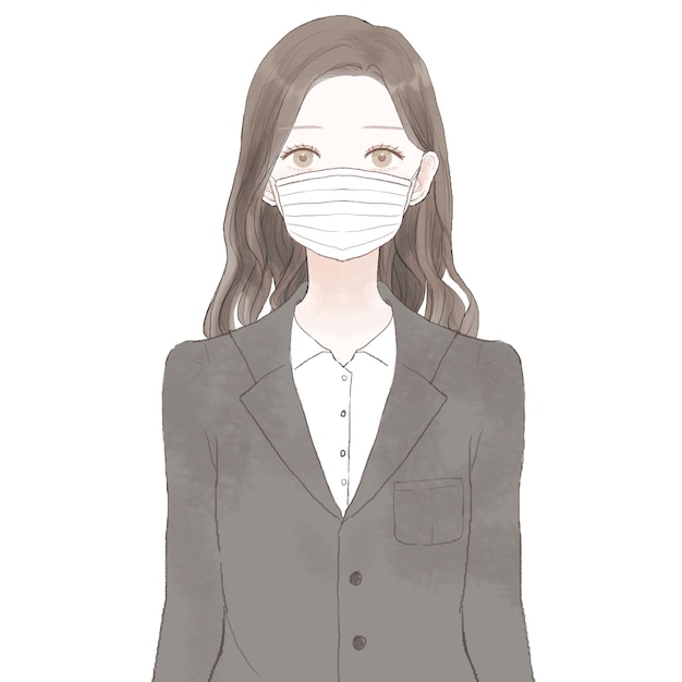 Woman in suit wearing nonwoven mask. on white background.