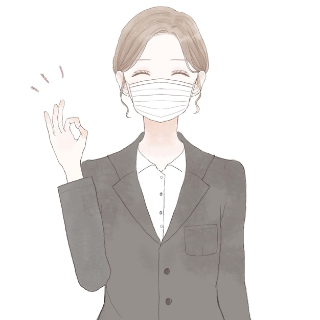 Woman in suit wearing nonwoven mask with ok sign. on white background.