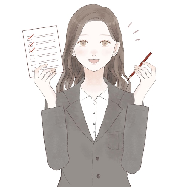 Woman in suit with checklist. On white background.