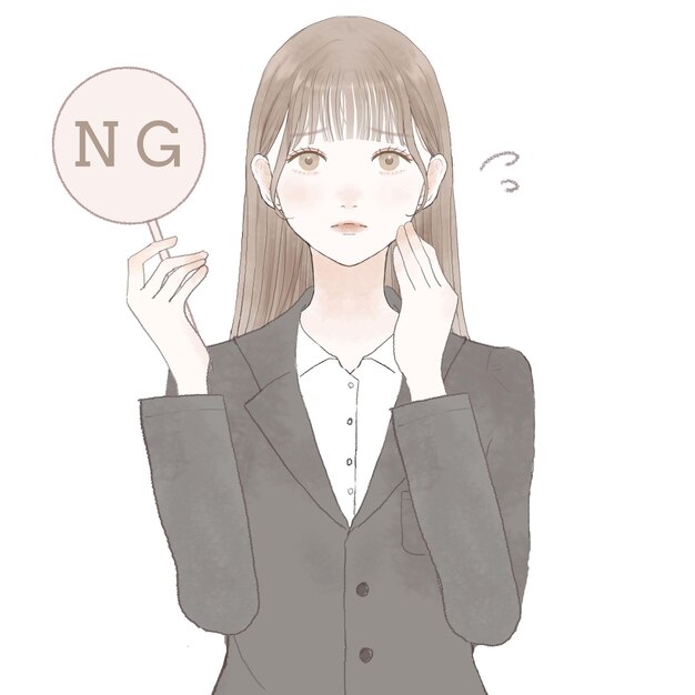 Woman in suit with NG sign. On white background.