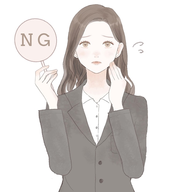 Woman in suit with NG sign. On white background.