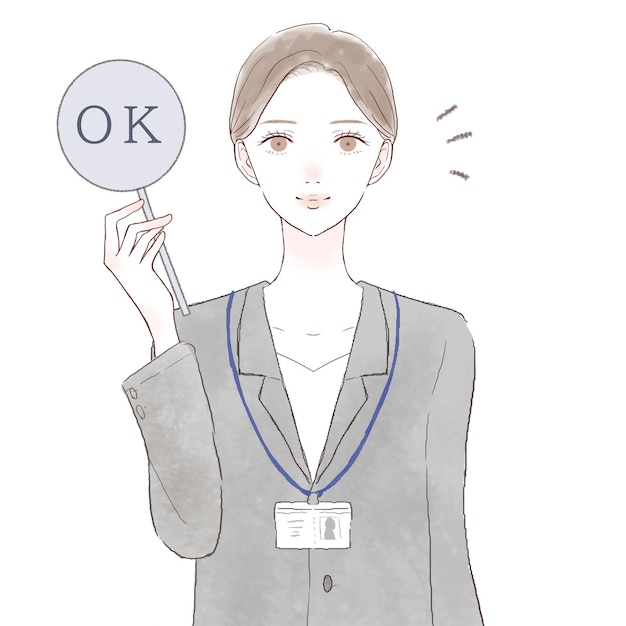 Woman in suit with ok sign. on white background.