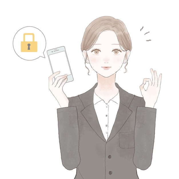 A woman in a suit with a smartphone with security measures. On white background.