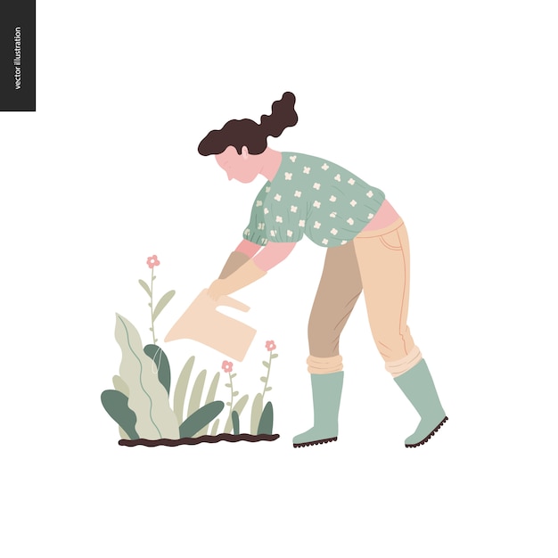 Woman summer gardening - flat vector concept illustration of a young woman watering a plant