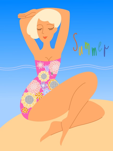 Vector woman sunbathes on the beach