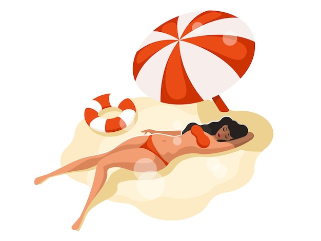 Woman sunbathes on a sandy beach by the sea under a beach umbrella